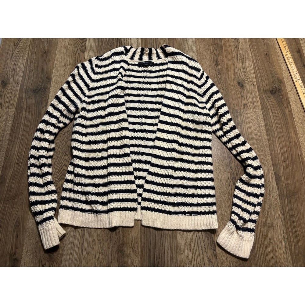 Banana Republic Sweater Womens Size M Ivory Navy Striped Open Front Cardigan